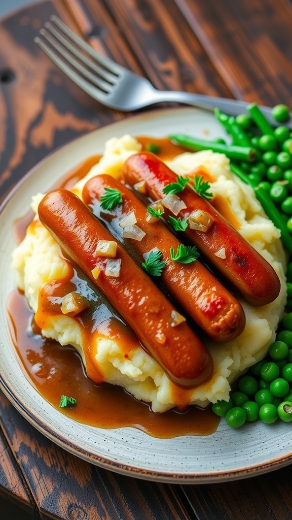 A classic British dish of bangers and mash with sausages, mashed potatoes, and onion gravy on a rustic table.